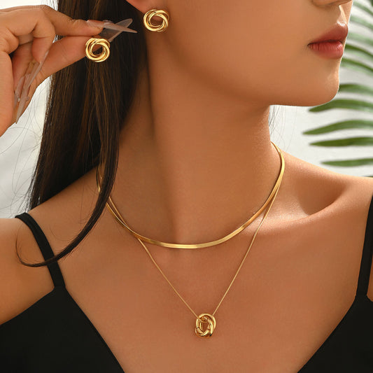 Cross-border European American Women Jewelry Set, Geometric Intertwined Ring Multi-layer Necklace & Matching Earrings, Niche Versatile Fashion Accessories For Ladies