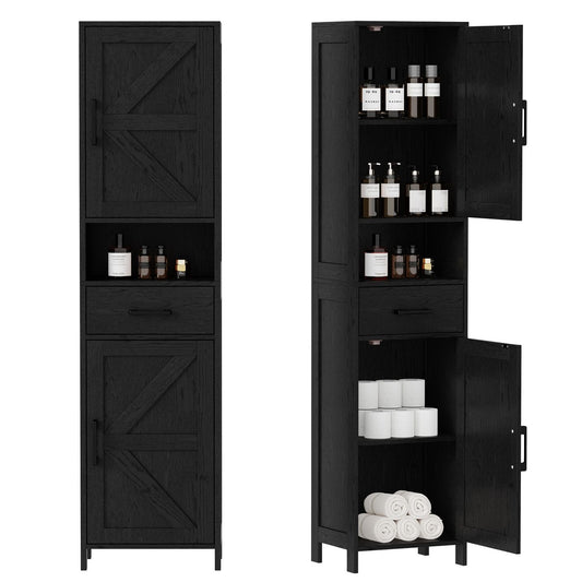 Tall Narrow Storage Cabinet, 2 Barn Doors With Drawer, Adjustable Shelves, Floor Cabinet For Bathroom, Living Room, Entryway, Kitchen
