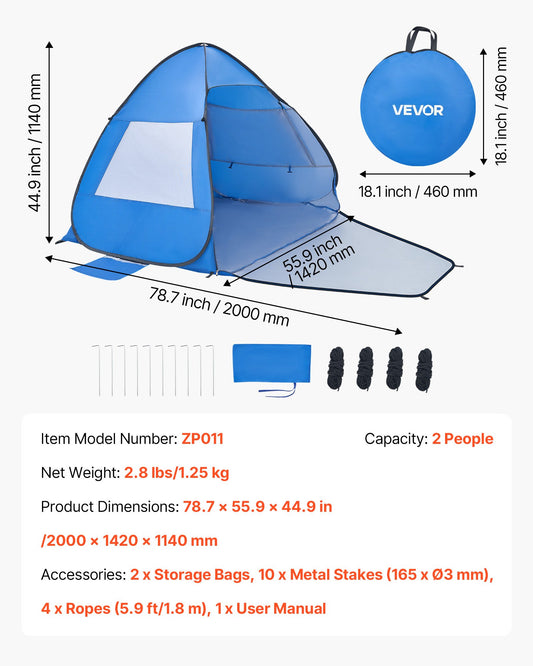 Beach Tent Sun Shelter For 2 Person, UPF 50+ Protection, Portable Sun Shade Canopy With Carrying Bag & Sand Pockets, Lightweight And Easy Setup Beach Umbrella For Camping Fishing Outdoor Picnic