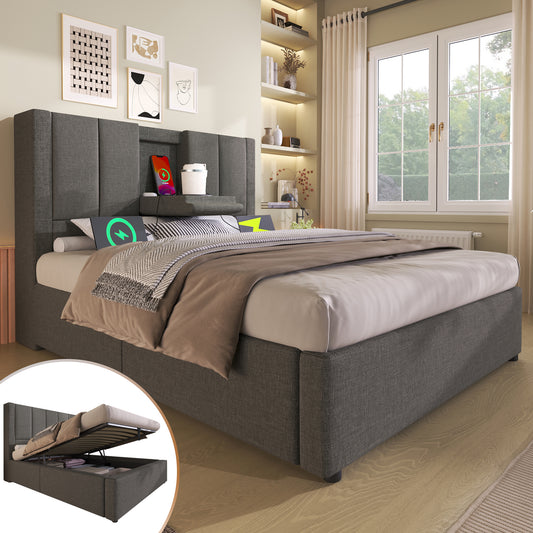 Upholstered Bed 90x200 Cm Single Bed With Hidden Cup Holder & Charging Station, Hydraulic Bed With Storage Space Under The Bed, Incl. Slatted Frame, Linen Grey Without Mattress