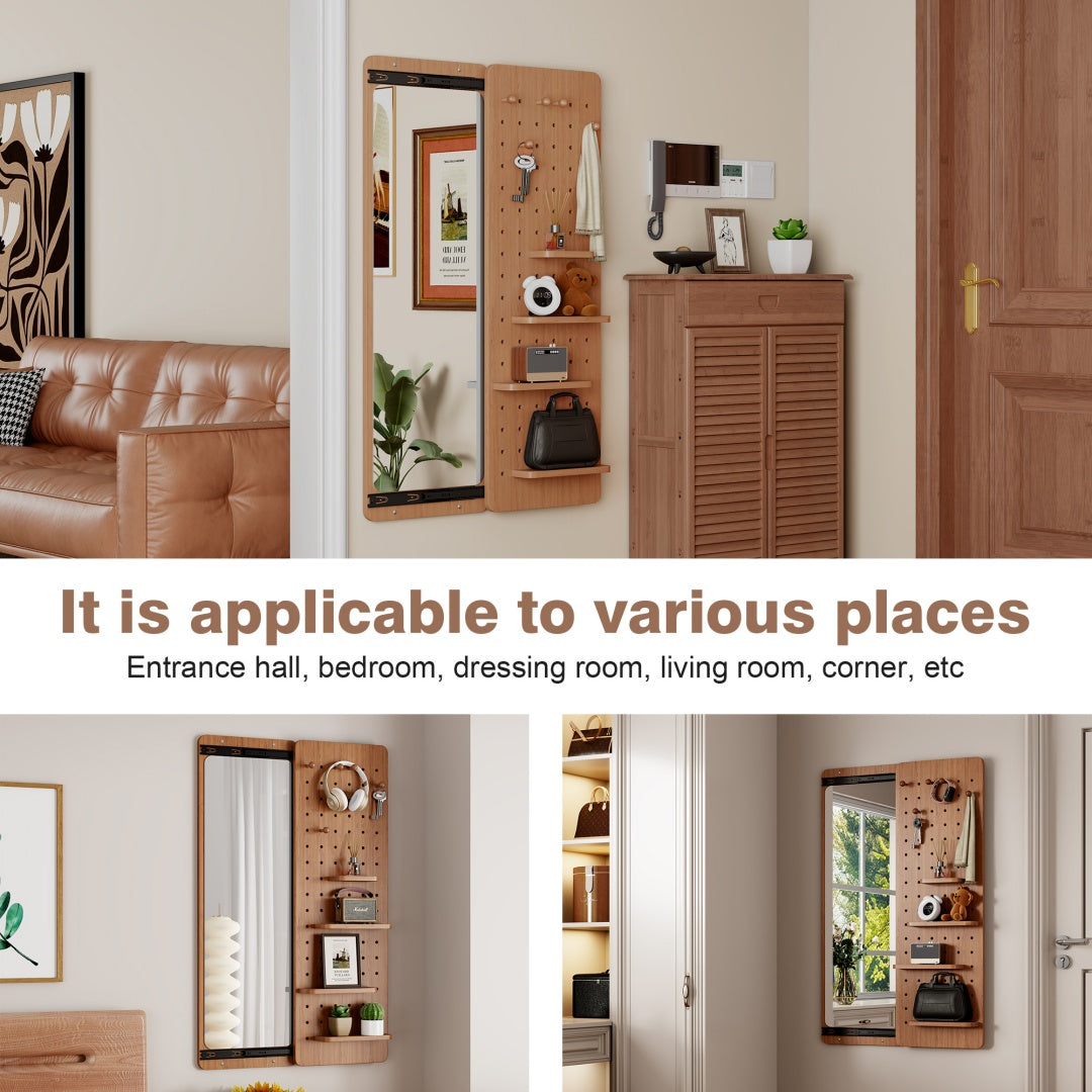 Wall Mounted Full Length Mirror, Full Body Mirror With Shelf, Full Body Mirror With Hook Wall Mounted Mirror With Multifunctional Design Panel, Bedroom Living Room Entrance Cherry 47.6x15.7in