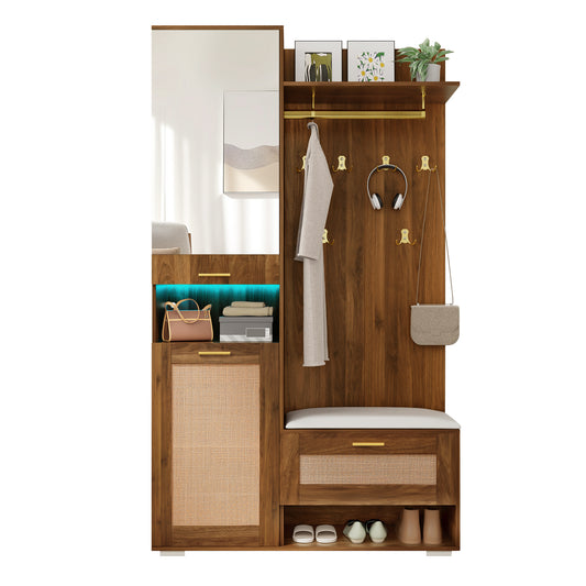 Wardrobe Set, Wardrobe Set With Mirror, 6 Golden Coat Hooks, Shoe Cabinet, Wall Coat Rack, Upper Storage Compartment, Bench Seat And 16-colour LED Lighting