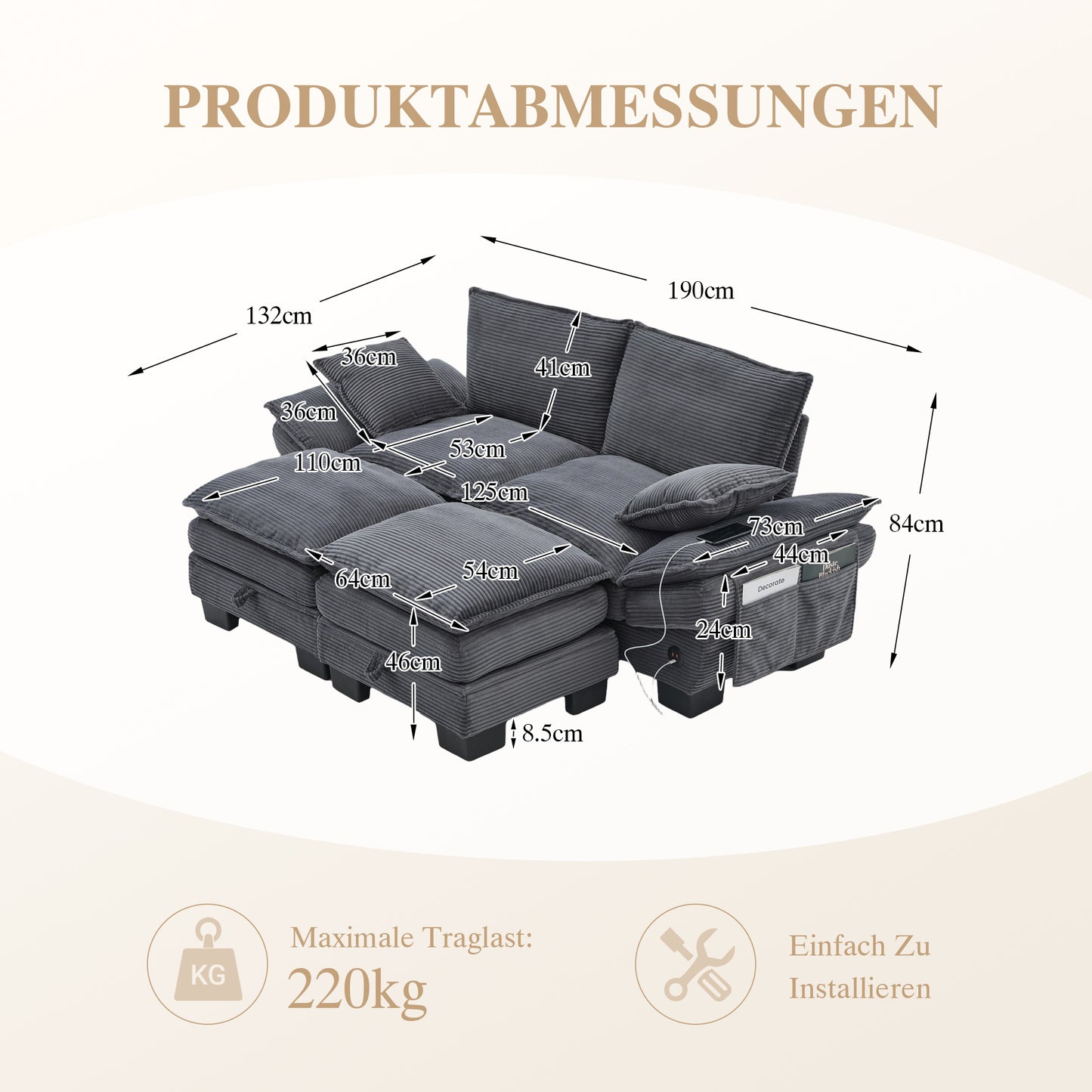 Modular 2-seater Corduroy Sofa  With 2 Stools Wide Seat, Ergonomic Design, High-density Foam Padding, USB-C Port And Side Pockets.Ideal For Living Room, Office Or Lounge.Garkdray