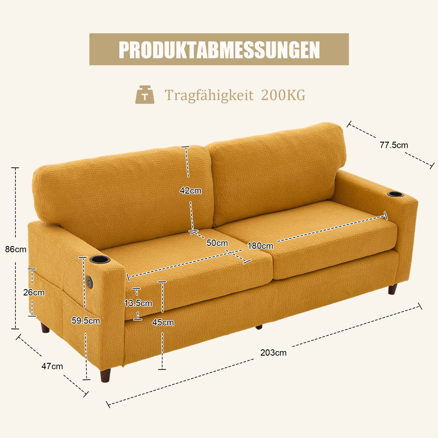 Modern 2-person Chenille Sofa With USB-C, LED Ambiance, Cup Holders And Side Pockets. Wood Metal Frame With Comfort Foam. Ideal For Living Room, Bedroom Or Office. Mustard Yellow
