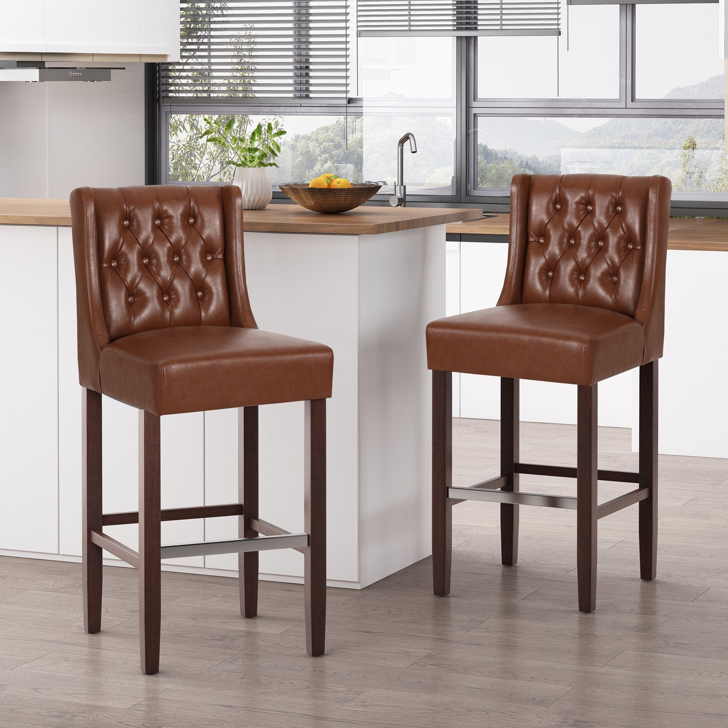 30.5 Inch Seat Height Bar Stool, Light Brown PU Upholstery With Back & Metal Footrest, Counter Stool For Kitchen Island