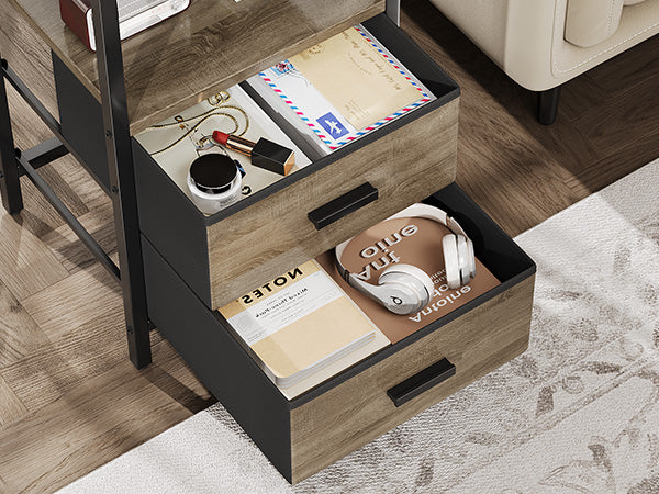 Nightstand With Charging Station Modern Bedside End Side Table With Guardrail Storage Shelf 2 Fabric Drawers USB Ports AC Outlets