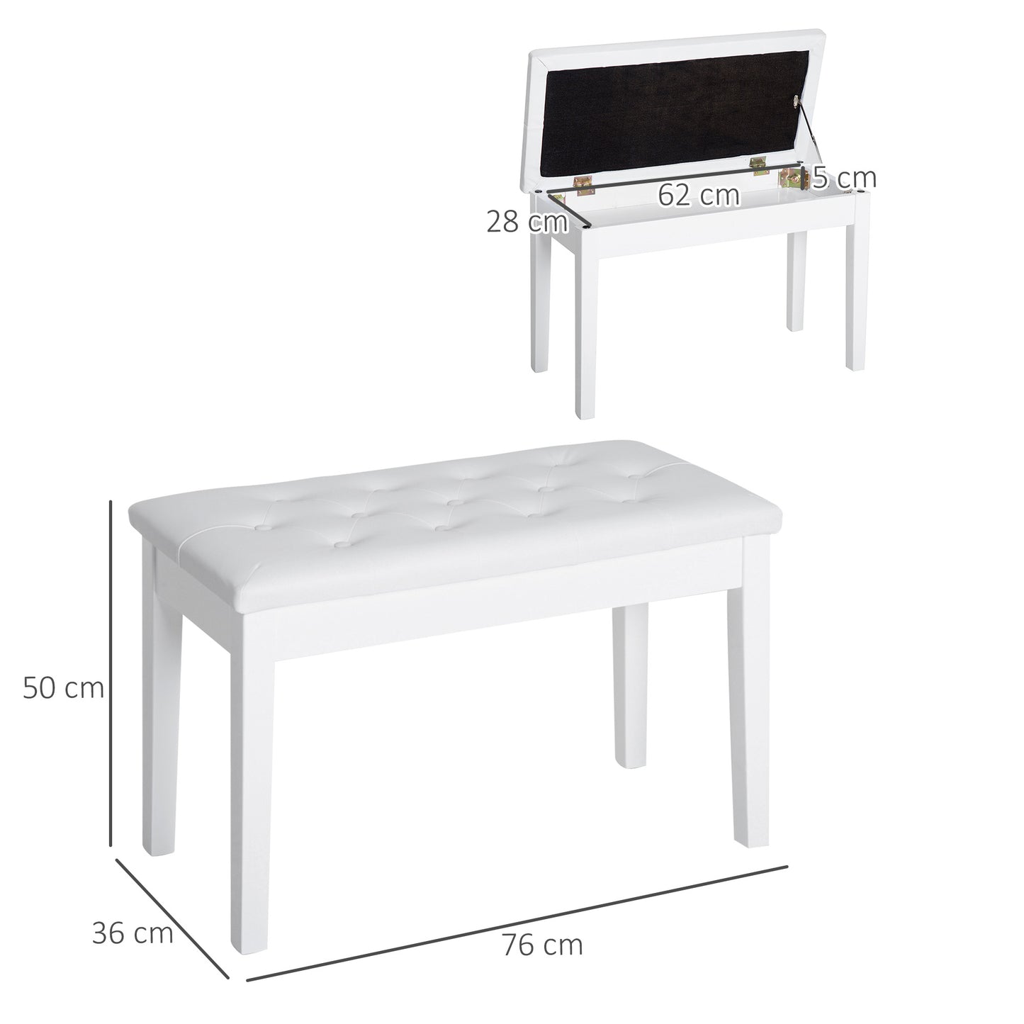 PU Leather Upholstered Piano Stool Makeup Stool Bench Dressing Table Seat With Storage 76x36x50cm, White