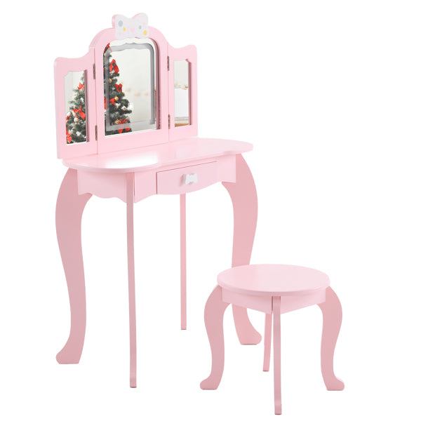 Kids Vanity Table And Chair Set, 2-in-1 Girls Vanity With Tri-Folding Mirror & 3-Color LED Lights, 1 Drawer, Pretend Play Makeup Dressing Princess Table For Toddlers, Pink