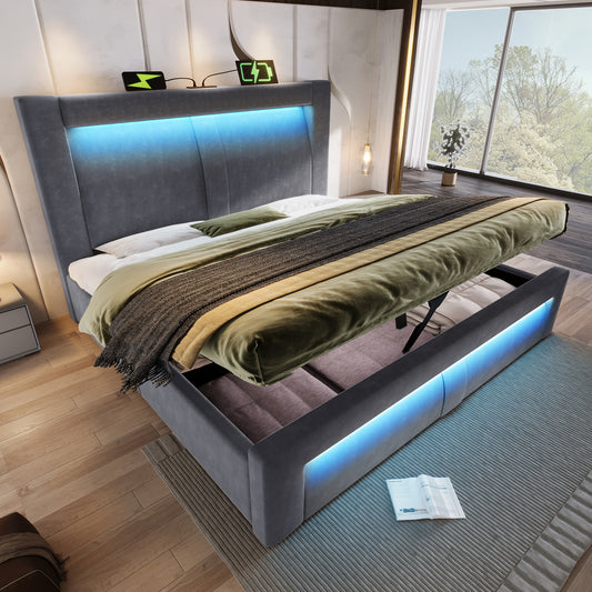 Double Bed 140x200 Cm With Storage Space, Hydraulic Bed, LED Lighting With App Control, USB & Type-C Charging Ports, Velvet, Headboard With Curved Design, Grey, Without Mattress
