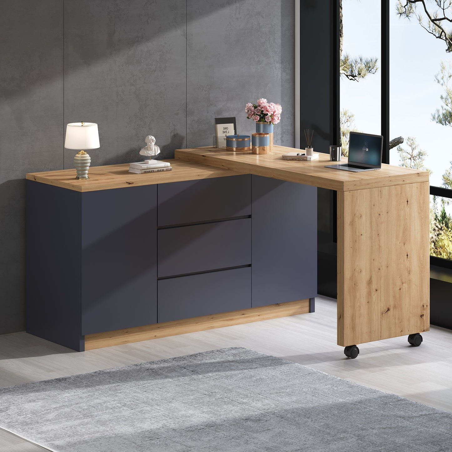 Desk With Lockable Castors  Multifunctional Design, 4 Cm Thicker, Swivel Table Top, Lockable In Place, Grey Oak, Foldable Desk, Corner Desk, Sideboard, Thick Material