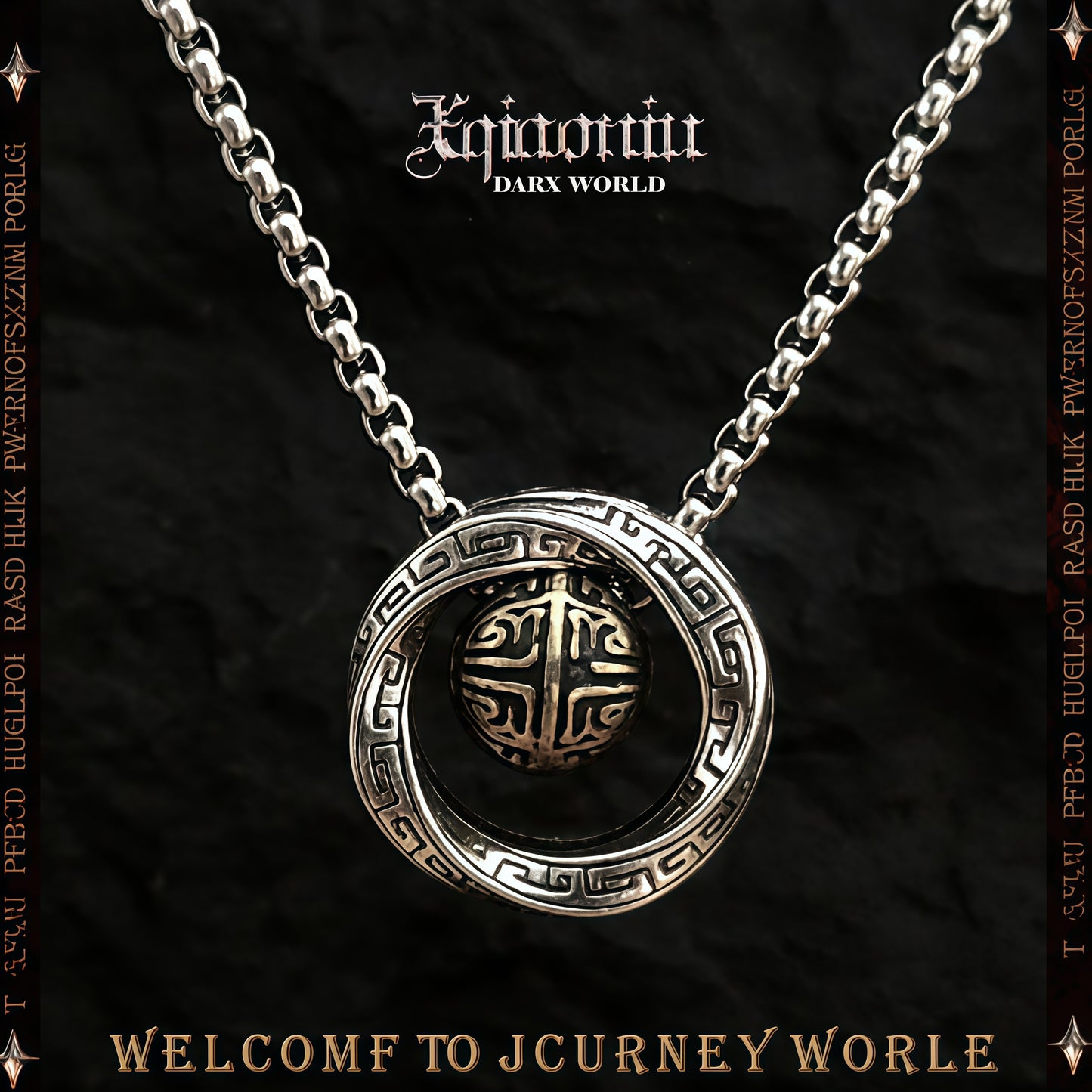 Two-Tone Chinese Retro Rotatable Round Bead Circle Pendant Necklace For Men, Copper Plated Silver Ancient Hui Pattern Vintage Ethnic Punk Jewelry Gift