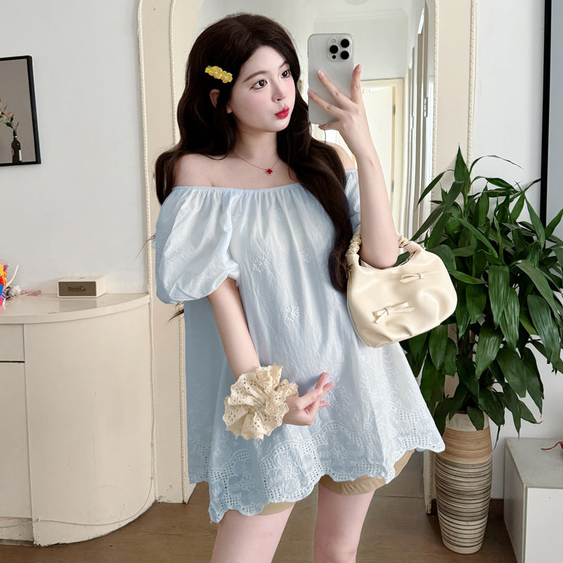 Womens Korean-style Off-shoulder Embroidered Trim Top