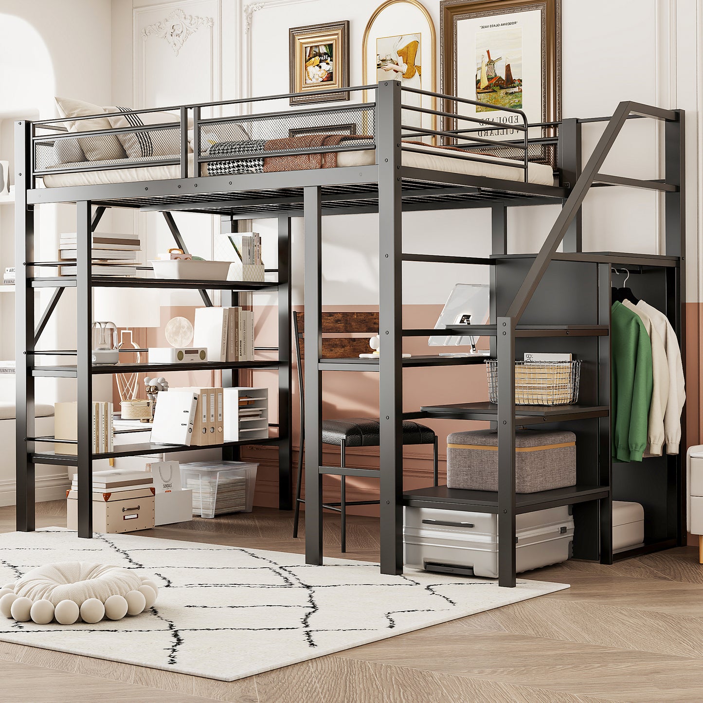 Loft Bed 140X200cm, Three-layer Storage Shelf, Desk, Wardrobe, Security Steps With Storage Compartment, High Fence Design, Iron Bed, Single Bed, Black