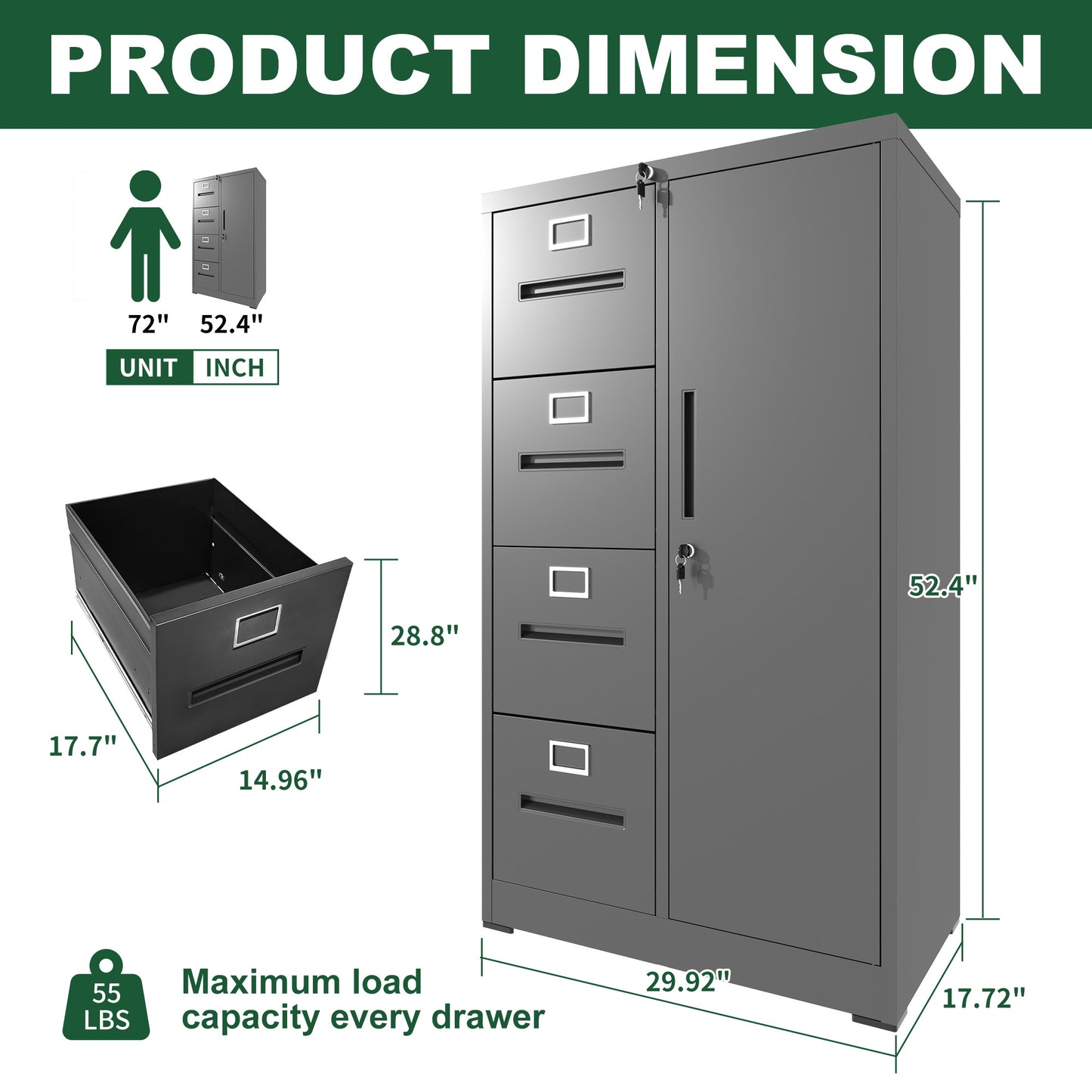 Metal Storage Vertical Filing Cabinet With Lock, Steel File Locker With 4 Drawers And 1 Door For School, Living Room, Bedroom, Office  Black