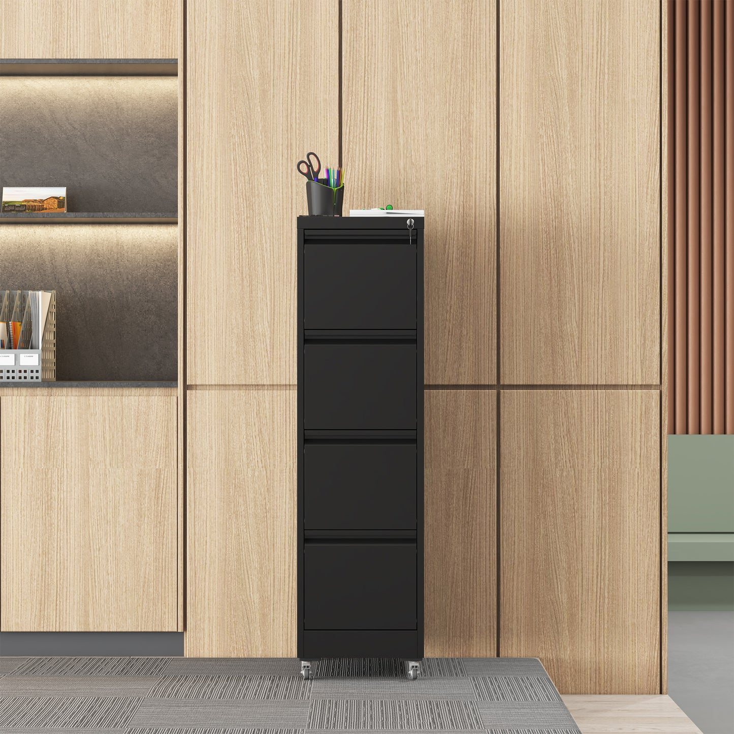 4 Drawer Metal Locking Vertical File Cabinet On Wheels -Heavy-Duty Lockable Cabinet For Home & Office, Black, 17.71 Dx15.16 Wx52.28 H,Black