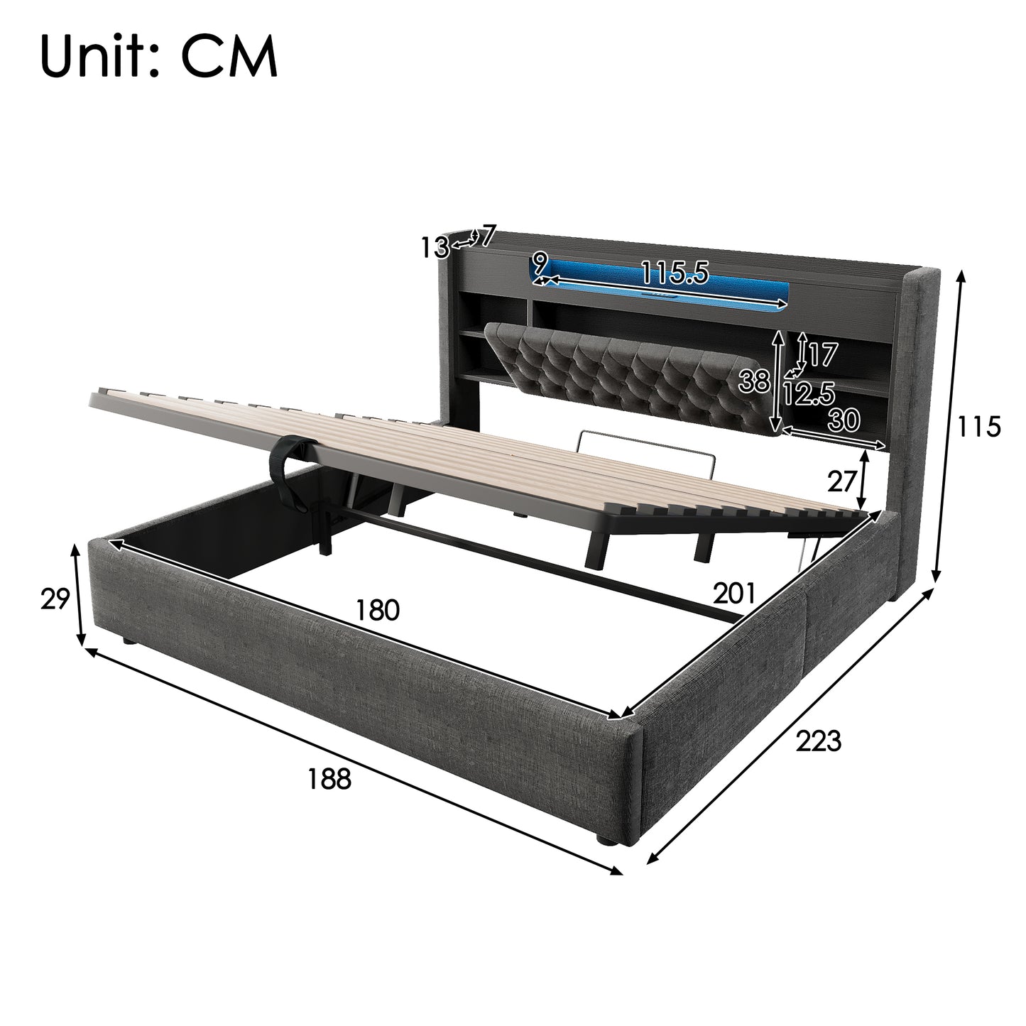 Upholstered Bed 180x200cm With Hydraulic Bed Storage & LED Lighting, Bed Frame With USB Type-C Charging Function, Headboard With Shelf & Storage Space, Linen Fabric, Grey  Without Mattress
