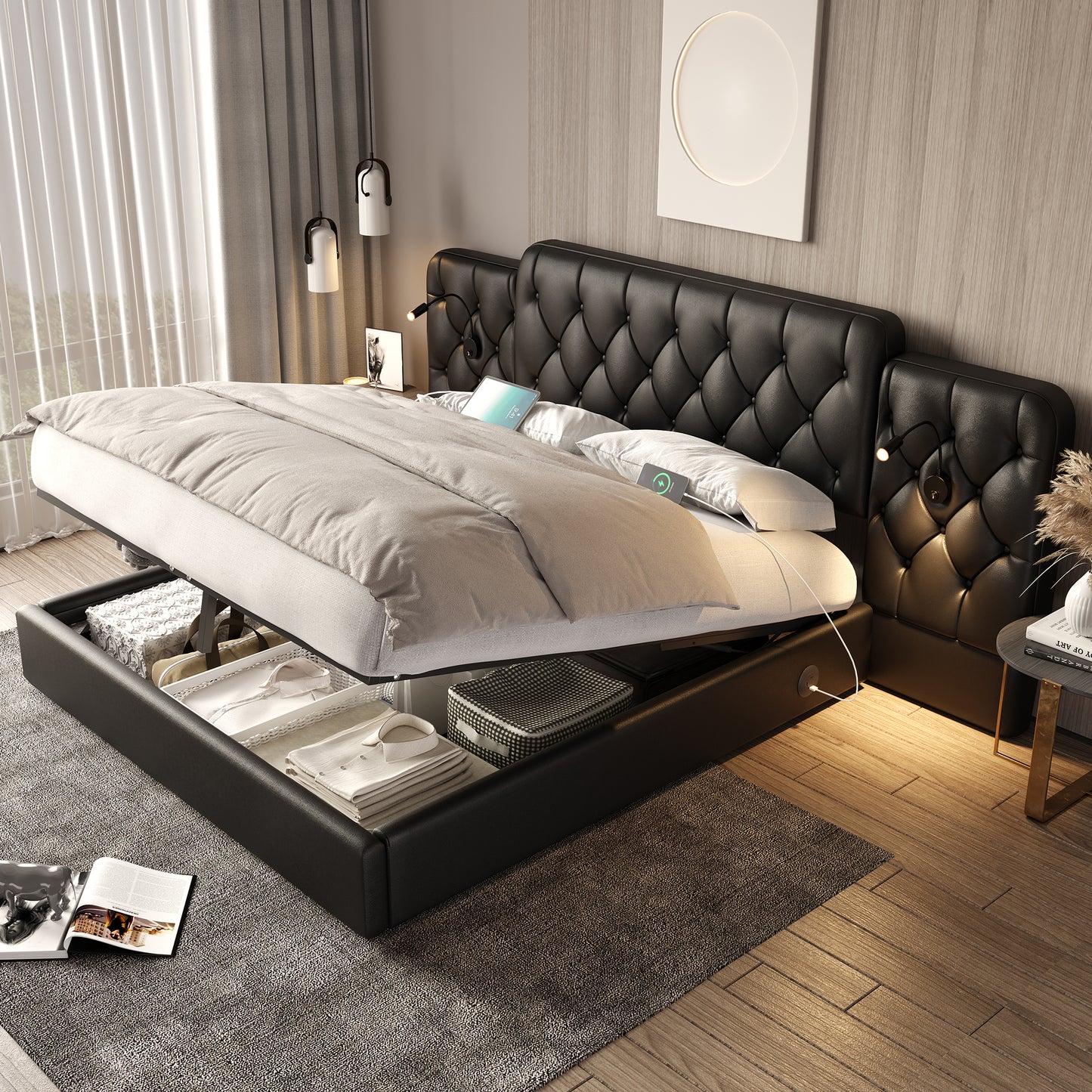 Old SKU W1880S00075 Bed Frame With Long Headboard, Fashionable Velvet Material, Multiple USB Ports, Desk Lamp, Hydraulic System, Extra Large Storage Space At The Bottom, 180 X 200 Cm, Black