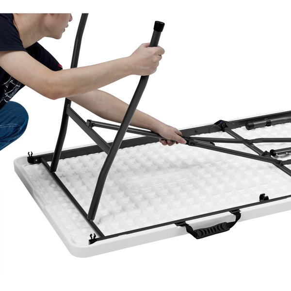 White 6 Foot Fold-in-Half Plastic Table, Indoor Outdoor, Scratch Resistant, Stain & UV Damage, Built-in Carry Handle  Shipment From Walmart