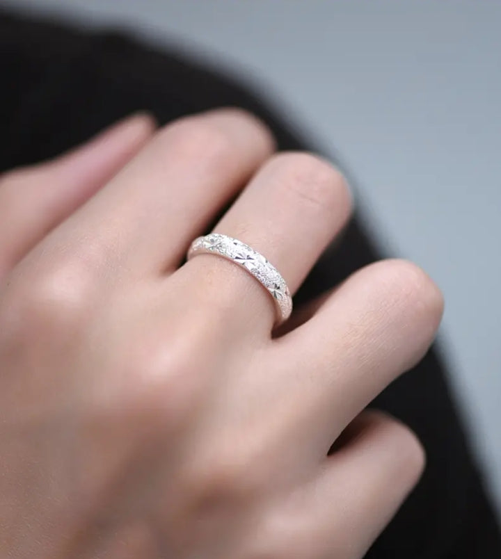 1 Pair 999 Sterling Silver Sparkling Starburst Couple Rings, Polished Carved Style, For Daily Wear & Valentine's Gifts