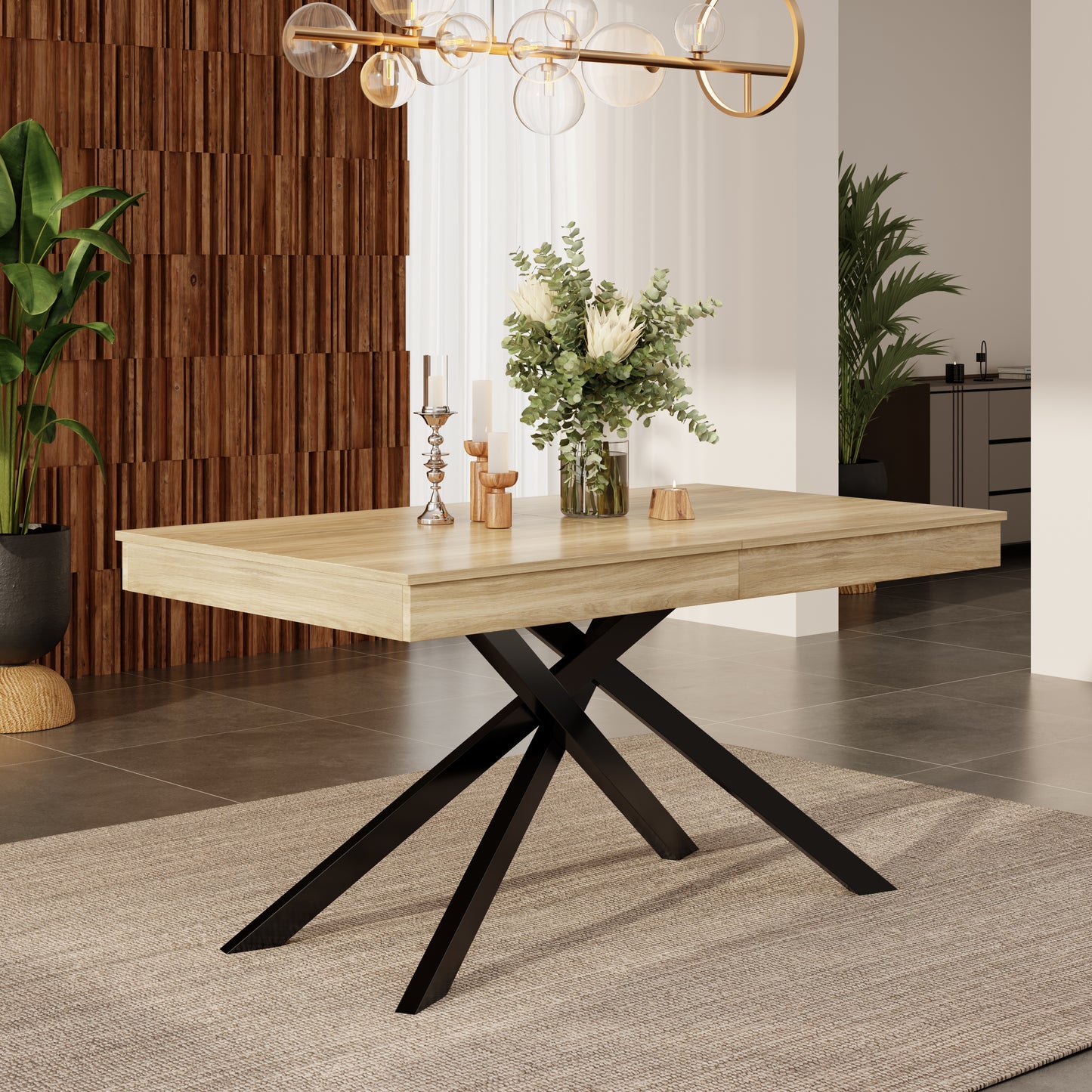 Extendable Dining Table, 140 180x80 Cm, Suitable For 6-8 People, Right Shape, Thickened Table Top, Metal Legs, Simple Style, Table For Dining Room, Kitchen, Living Room, Oak Color