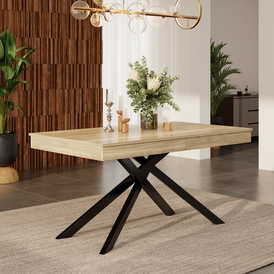 Extendable Dining Table, 140 180x80 Cm, Suitable For 6-8 People, Right Shape, Thickened Table Top, Metal Legs, Simple Style, Table For Dining Room, Kitchen, Living Room, Oak Color