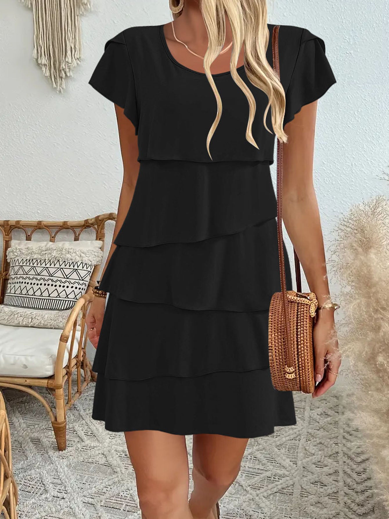 Summer Fashion Cake Dress, Elegant Loose Slimming Round Neck Flutter Sleeve Women Dress