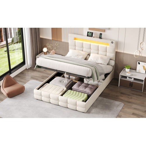4ft6 Double Upholstered Bed Frame With Hydraulic Storage, Velvet Ottoman Bed With LED Lighting And Charging Station, Double Bed With Adjustable Button Tufted Headboard, Beige