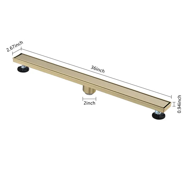 36 Inch Linear Shower Drain With 2-in-1 Flat & Tile Insert Removable Cover, 304 Stainless Steel With Hair Strainer And Leveling Feet, Brushed Gold