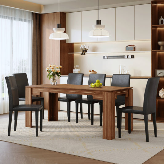 Table And Chair Set.71 X 31.5 Inch Walnut Wood Grain Dining Table, Paired With A Set Of 6 Black PU Dining Chairs. 1 Table, 6 Chairs, Home Dining Table And Chair Combination.