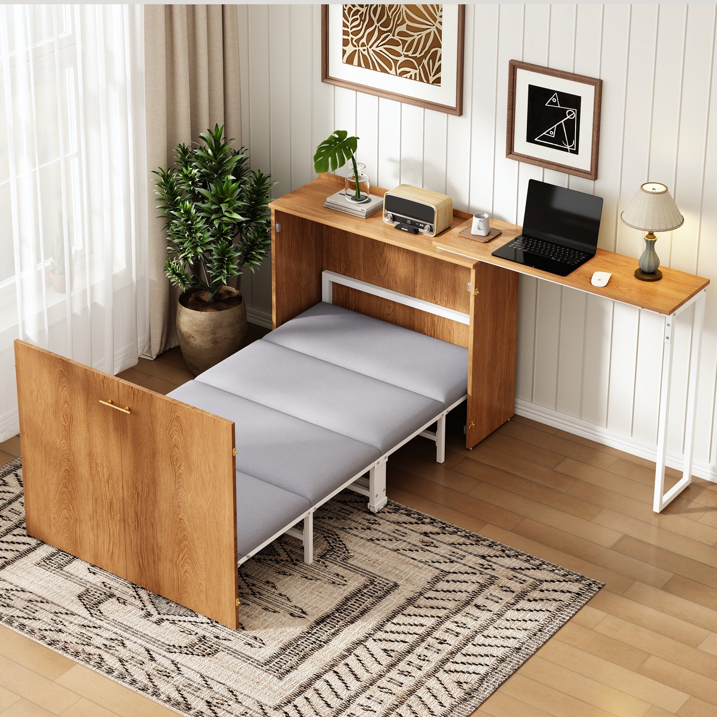 Folding Bed With Swivel Desk And Mattress, Space-saving Murphy Bed With Wheels, Ideal For Small Rooms, Guest Rooms And Home Office