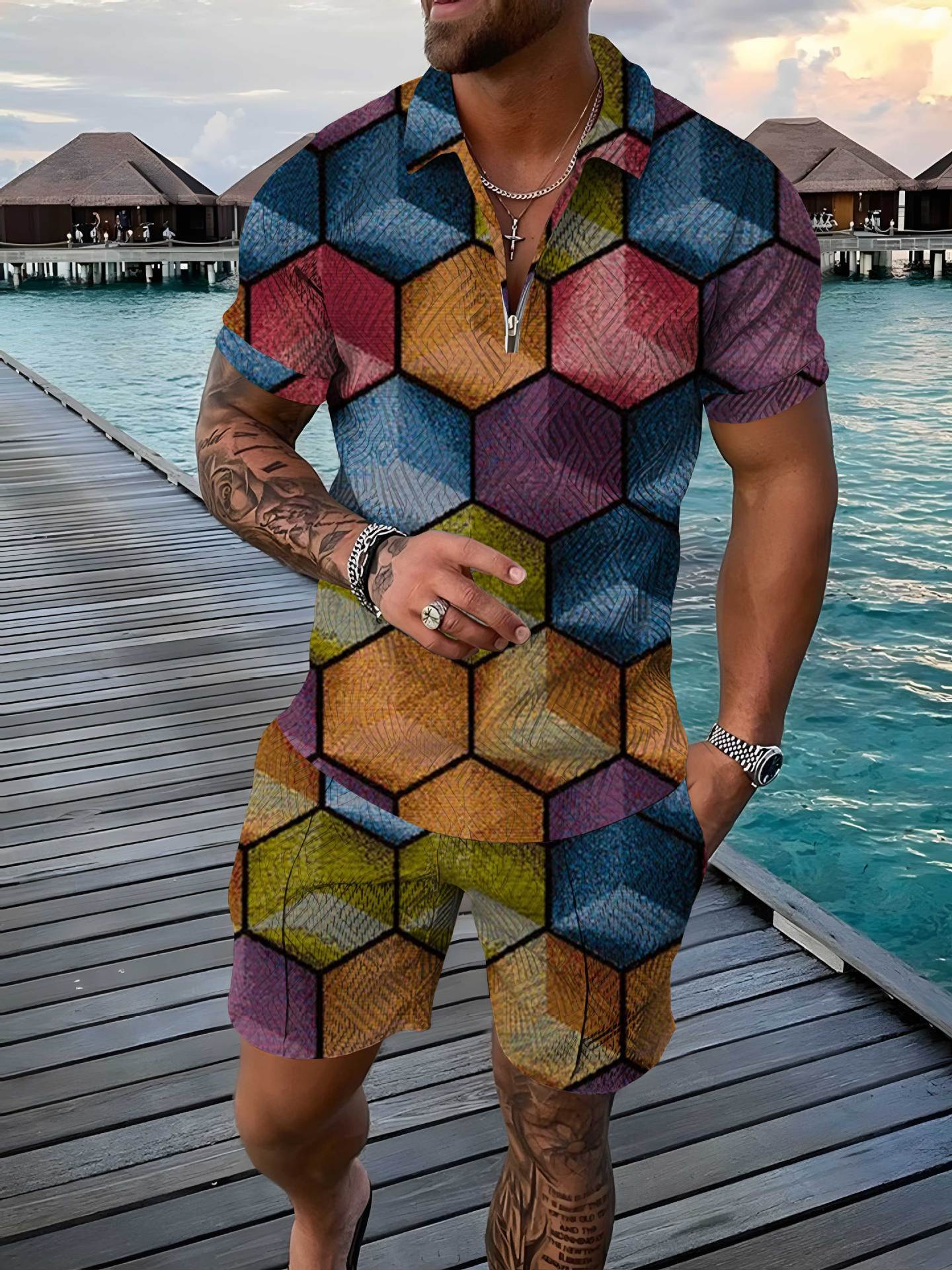 Fashion Zipper Polo Shirt Suit Men's Casual 3D Printed Polo Shirt Shorts