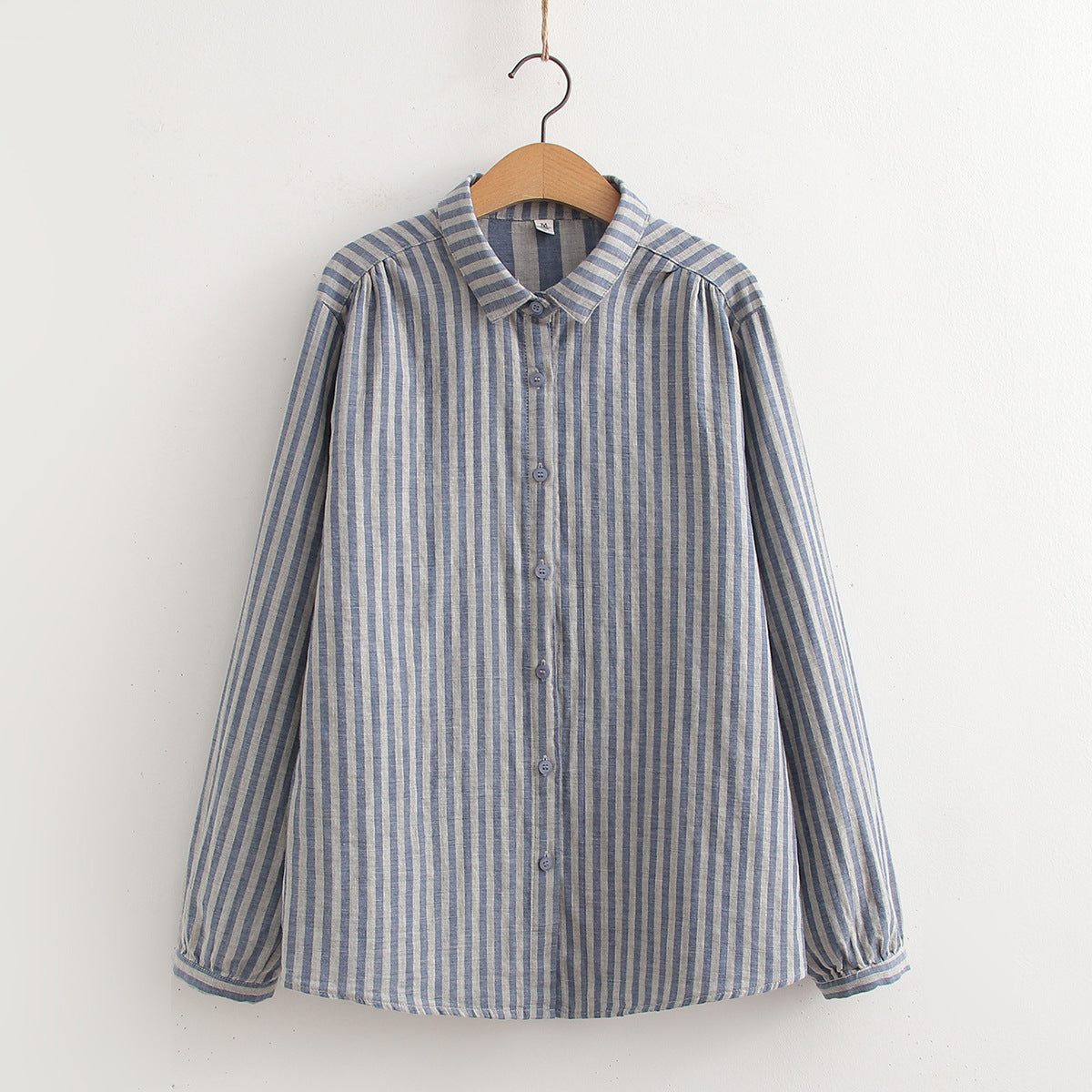 Korean-style Striped Cotton-linen Single-breasted Long-sleeve Shirt For Women