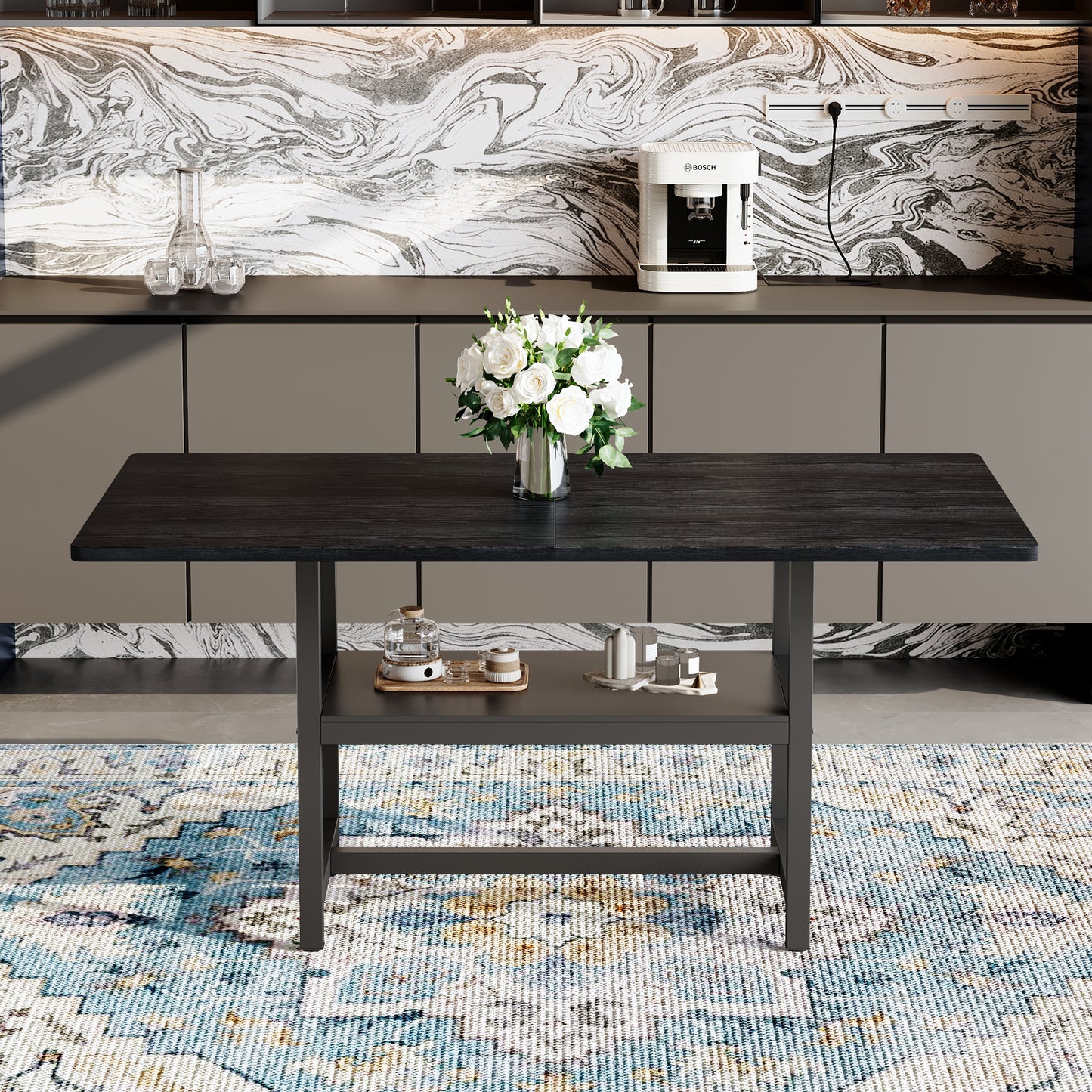 Black Rectangular Dining Table In Industrial Design, 160x90x76 Cm, For 4-6 People, With Multifunctional Storage Shelf, Suitable For Living Room, Kitchen And Dining Area.