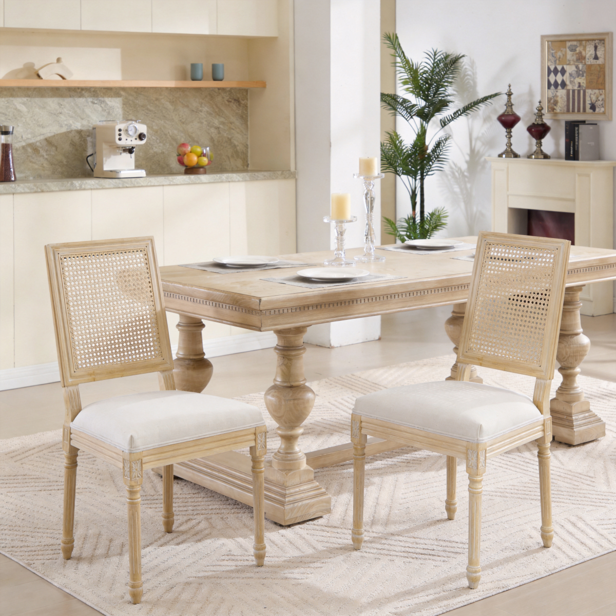 French Country Dining Chairs Set of 2, Upholstered  Chairs with  Rattan Square Back, Wire drawing and carving techniques ,Disassemblable ,  for Living Room, Kitchen , Restaurant Use, Beige