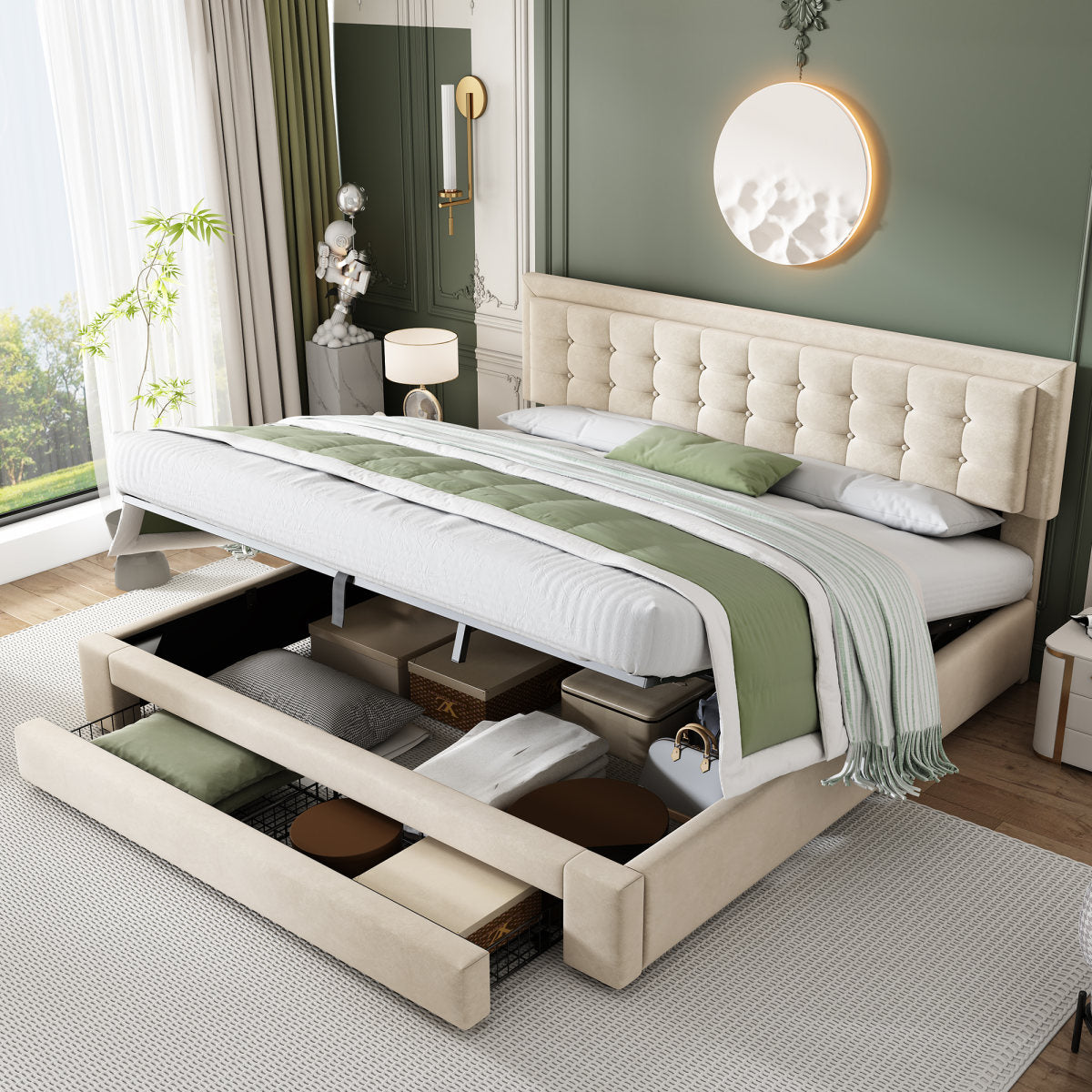 Bed With Box And Drawers, Velvet Fabric, Upholstered Bed, Slatted Base, Double Bed, Large Storage Space, 160 X 200, Beige