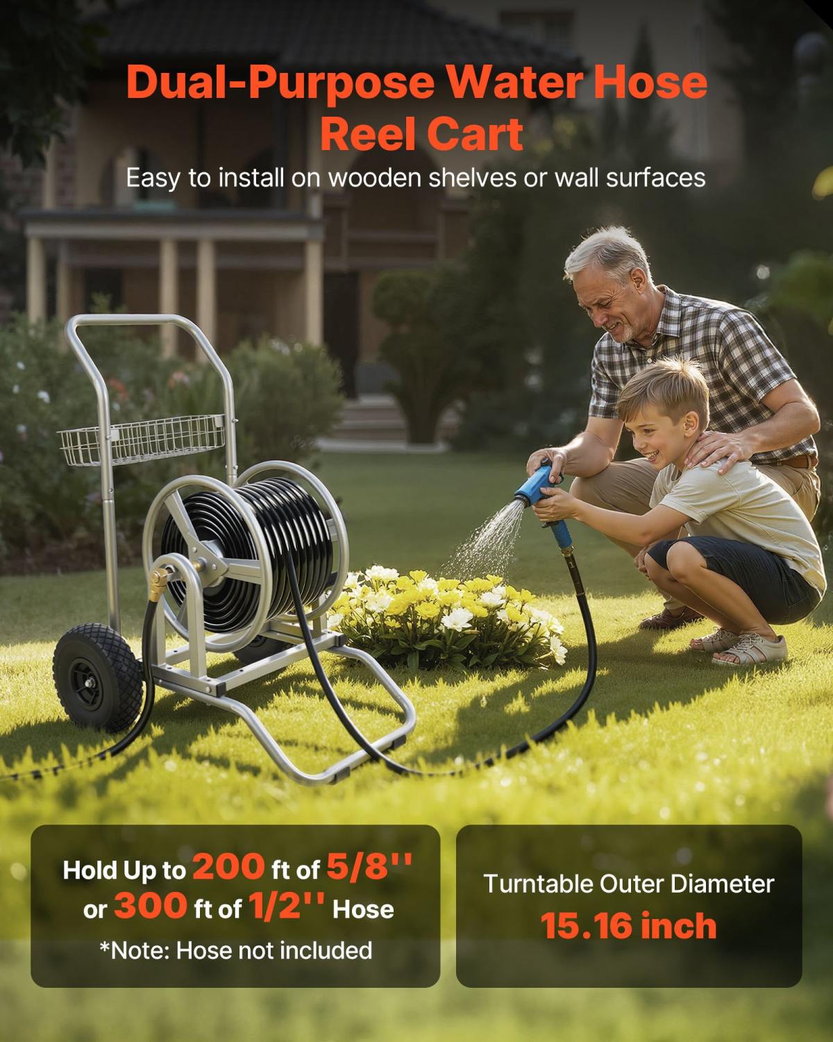 Water Hose Reel Cart, 200/300ft High-Pressure Garden Hose Cart, Hoses Reel Carts With Two Wheels, Handle & Heavy-Duty Mesh Storage Basket, Dual-Purpose Portable Hoses Reels For Garden, Car, Pet