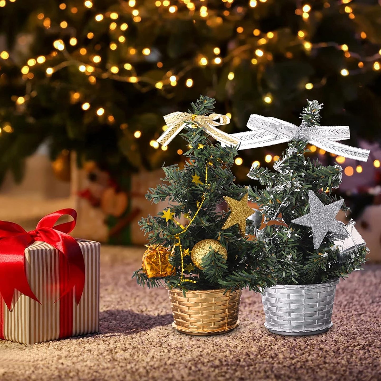 Small Christmas Tree With Decorations Set - Artificial Tabletop Christmas Tree For Desk Display, Festive Christmas Tree Ornament  Pack Of 3 Mini Small Christmas Trees For Table