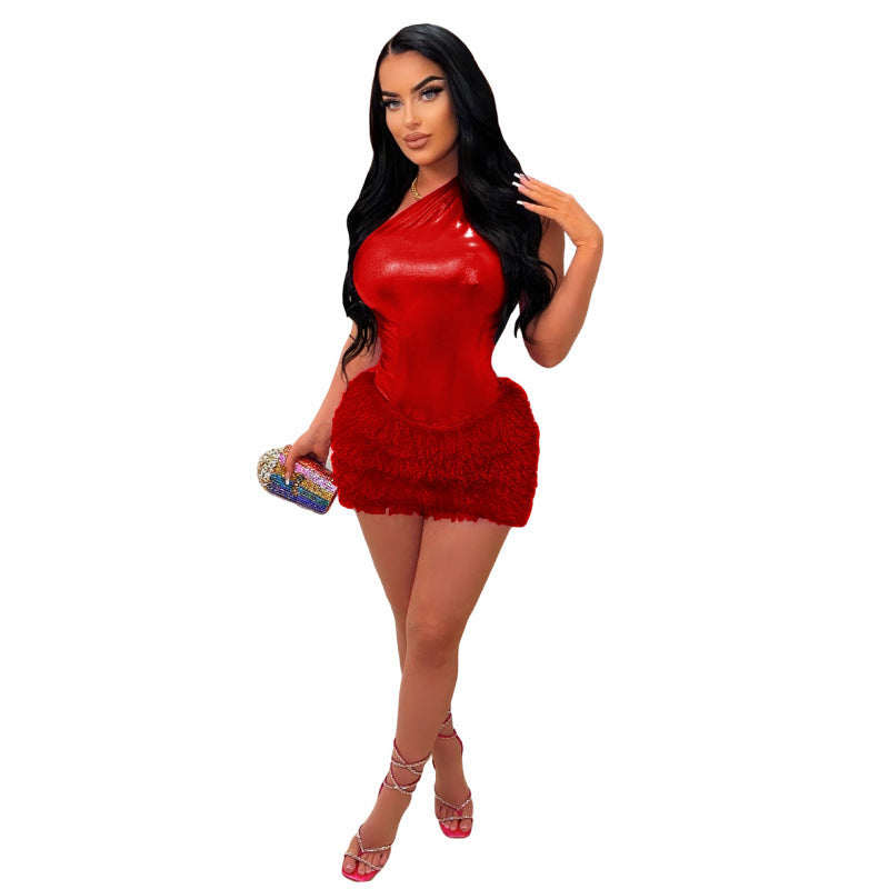 Womens Fashion Jumpsuit And Glossy Sexy Short Skirt Two-piece Set