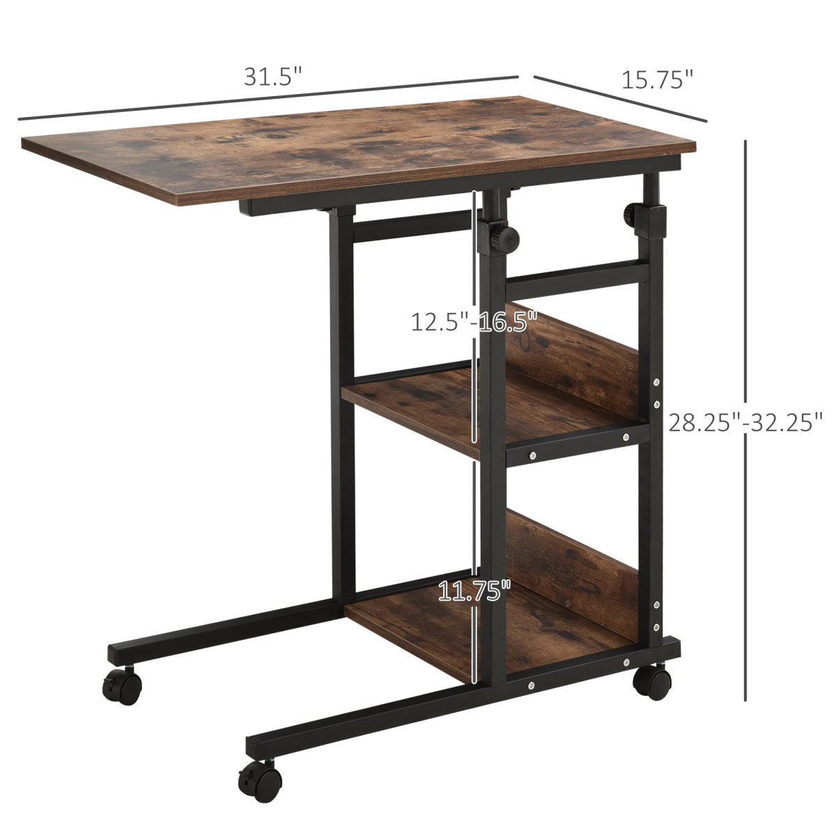 Industrial C-Shaped Mobile Rolling Sofa Side Table With 3-Tier Storage Shelving, Adjustable Height, & Wheels