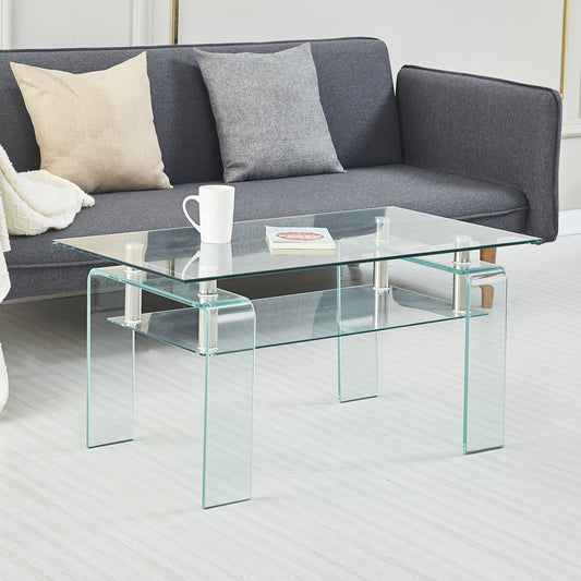Rectangle Clear Glass Coffee Table, Modern Glass Coffee Table For Living Room, 2-Tier Storage Center Coffee Table,Tempered Glass Tea Table