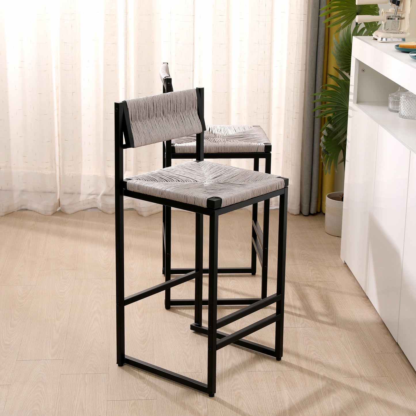 Gray Set Of 2 Hand Weave Bar Stools With Back Counter Height Bar Chairs Paper Rope Woven Dining Stool For Kitchen, Home & Office  Gray