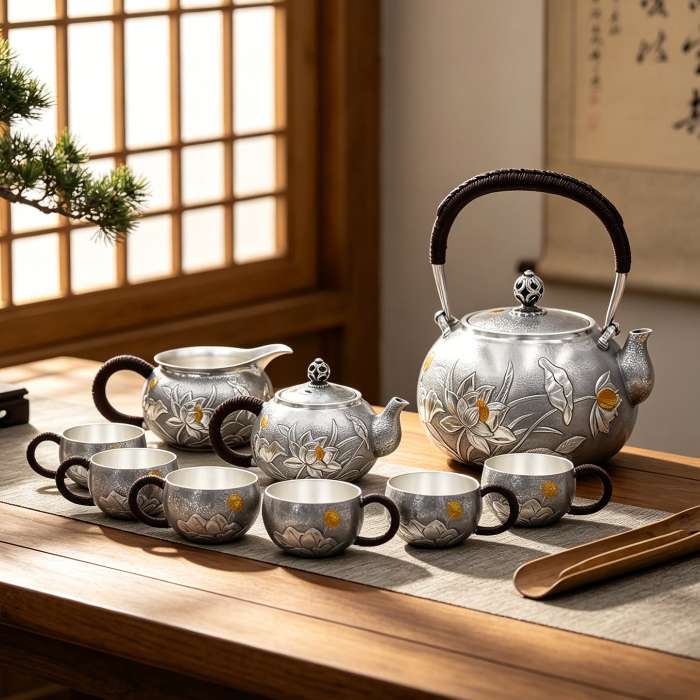 925 Sterling Silver Elegant Lotus Blossom Motif Metal Tea Service Featuring Kettle Teapot and Matching Teacups - Handicraft