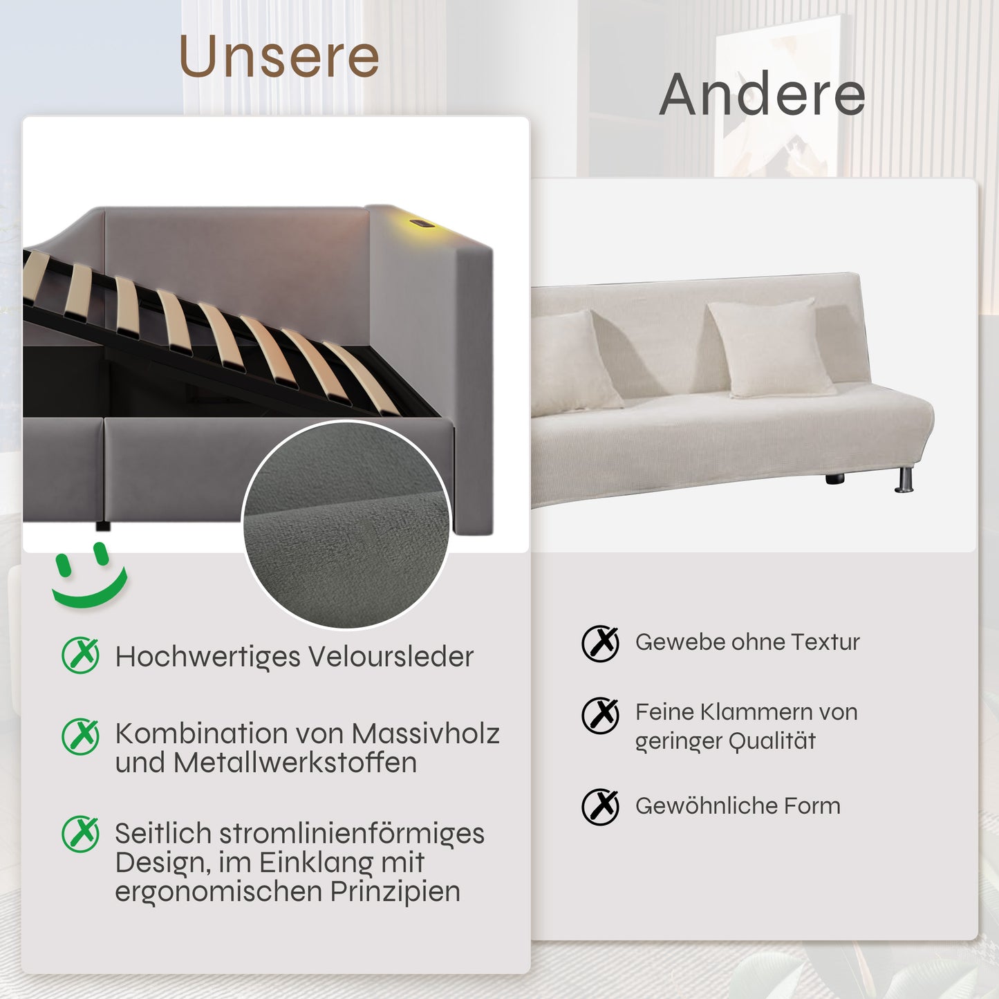 Upholstered Bed Daybed Daybed 90x190cm, Sofa Bed With Hydraulic Storage, Reading Light Function And USB-C Charging Function, Children's Bed Bed Frame With Wooden Slatted Base, Velvet, Grey