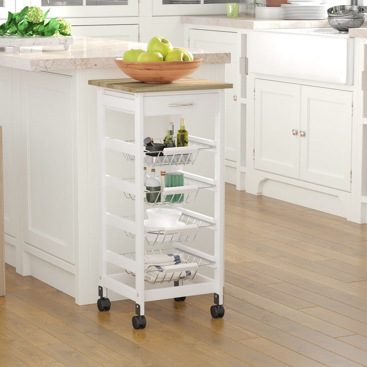 Mobile Kitchen Cart, Rolling Kitchen Island with Storage, Solid Wood Frame Utility Cart with Wire Fruit Baskets and Drawer, White