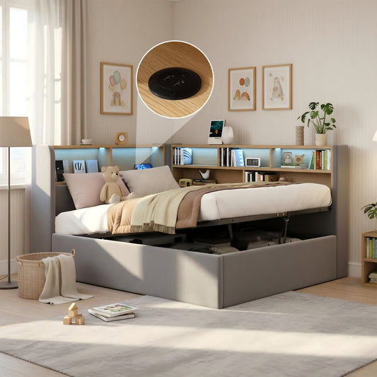 Daybed, L-shaped Upholstered With Storage Compartment, Sofa Bed With Storage, LED, USB Charging Port, 3FT Single Bed 90x190cm, Hydraulic Storage Bed Frame, Velvet, Grey