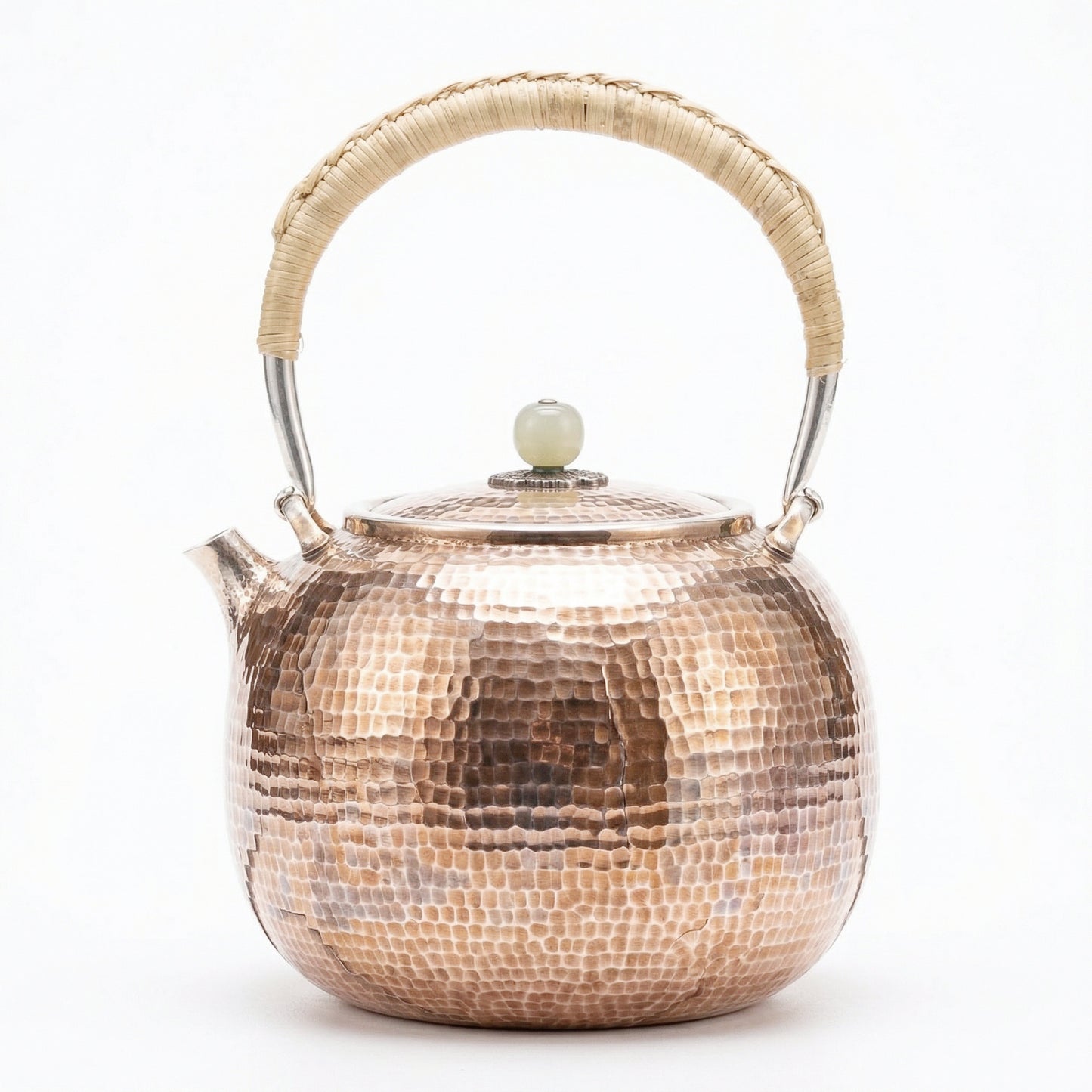 925 Sterling Silver Exquisite Hammered Metal Tea Kettle with Artisanal Woven Handle and Polished Stone Finial - Handicraft
