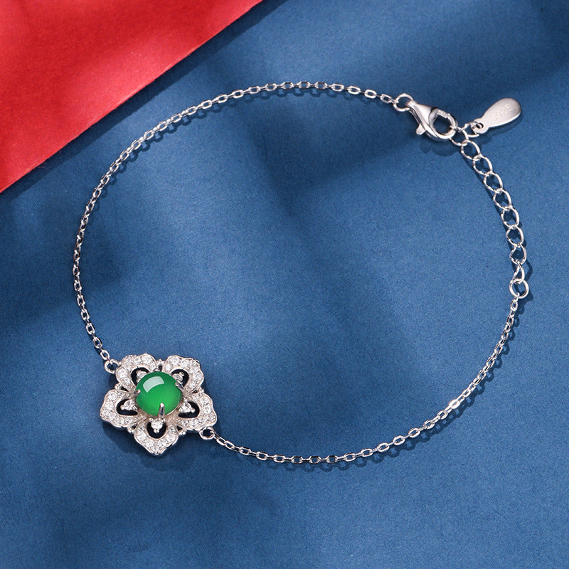 S925 Sterling Silver Flower Clover Bracelet, 6mm Round Green Chrysoprase, Platinum Plated 19cm Adjustable Chain, 2.4g Elegant Women's Jewelry Gift Box