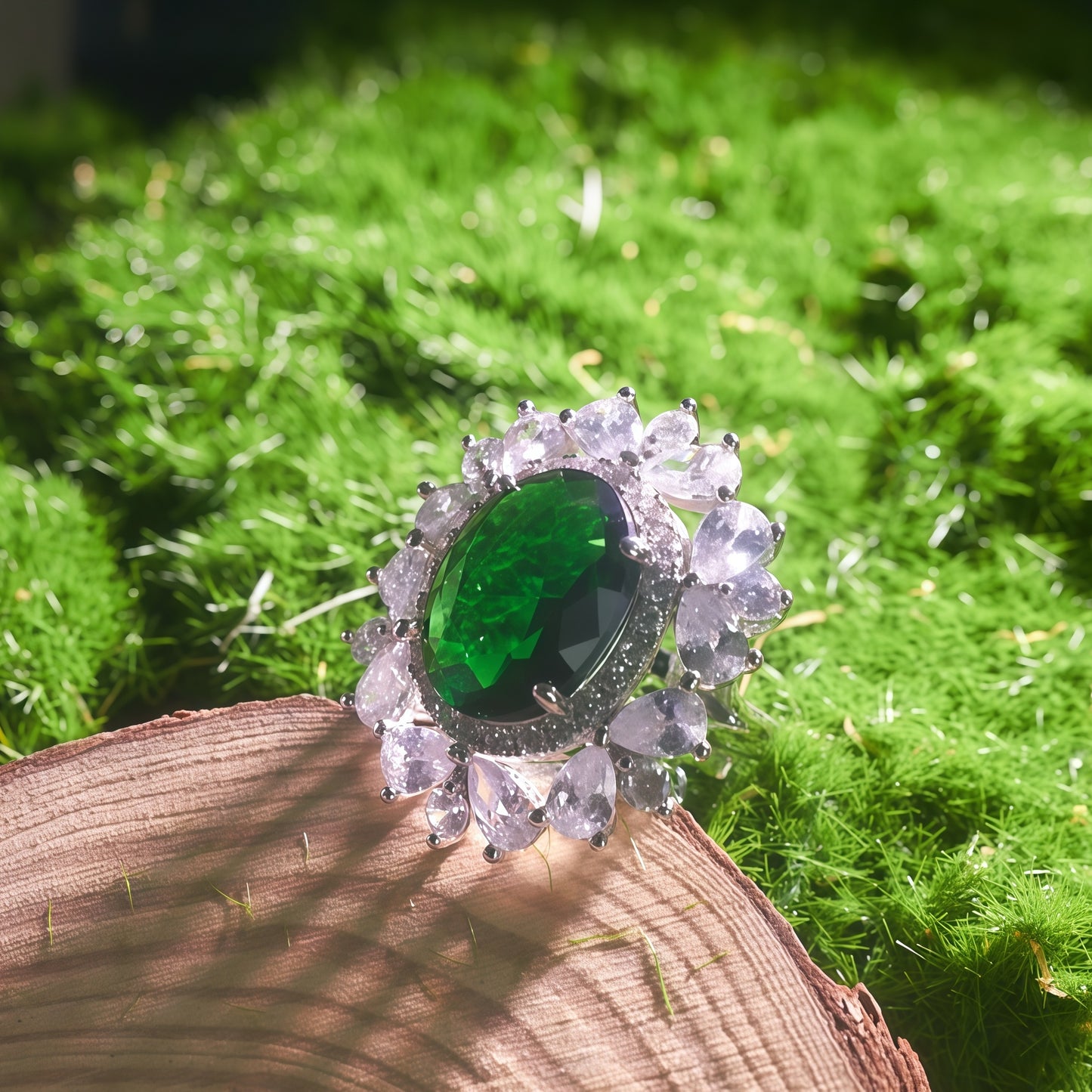 Oval Large Green Emerald CZ Multi-Petal Floral Halo Open Adjustable Statement Ring For Women, Copper Silver Plated Pear White Crystal Luxury Banquet Wedding Jewelry Gift