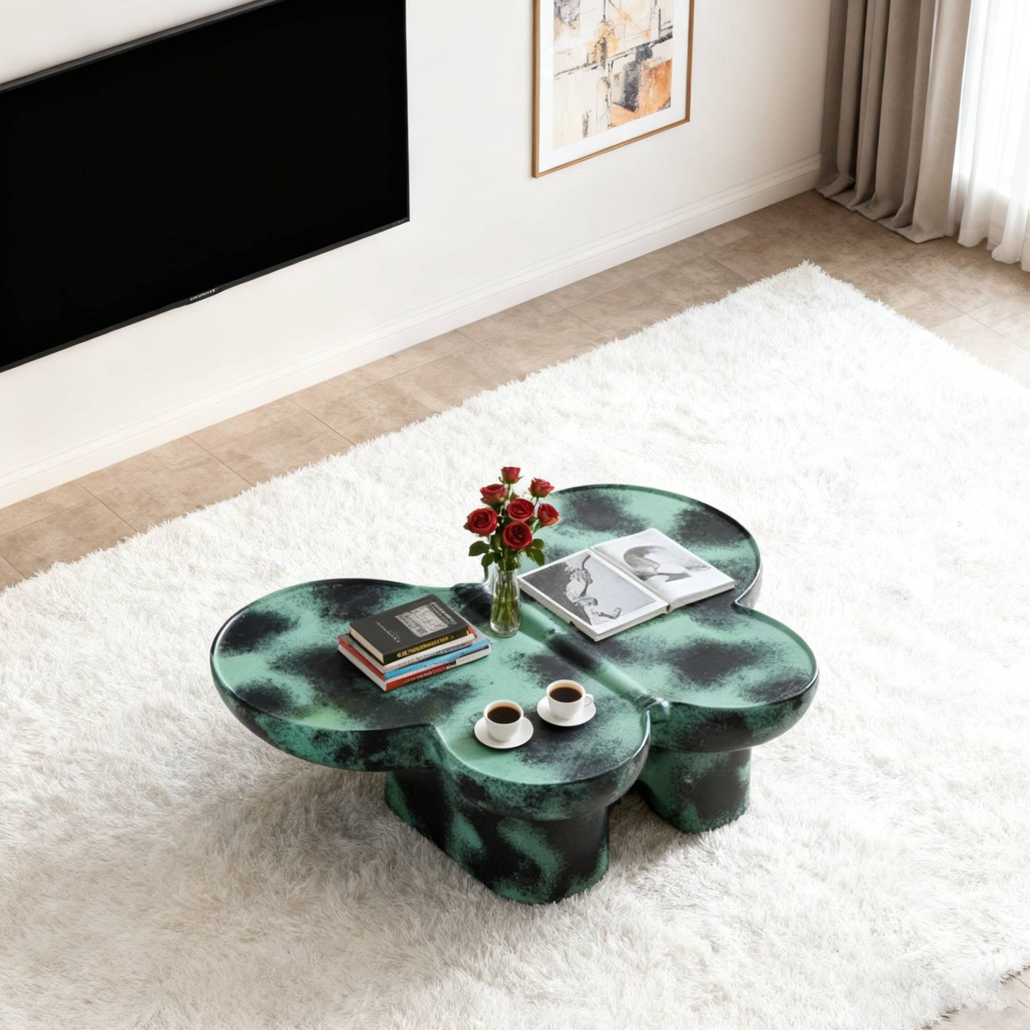 Modern Coffee Table Faux Travertine Textured For Livingroom Office,Green    Black