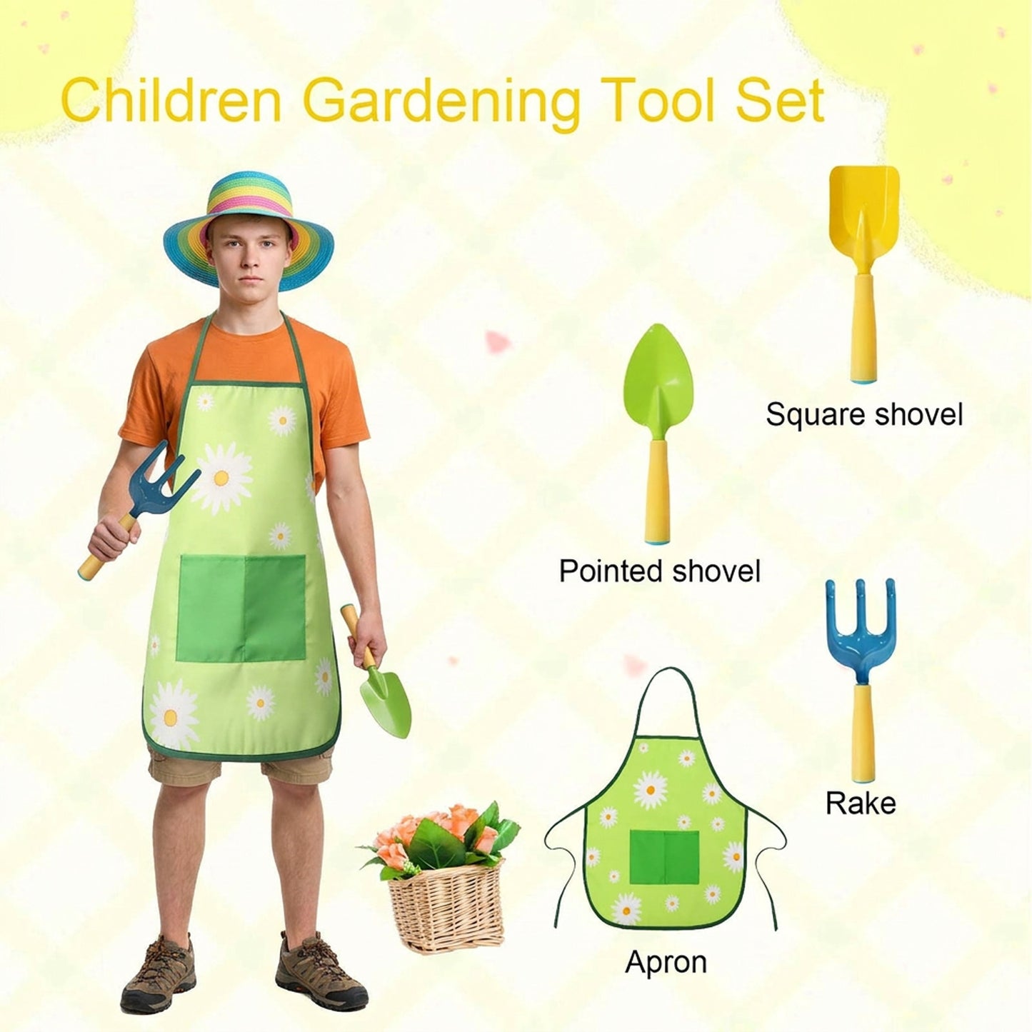 3-Piece Garden Tool Set In Yellow With Floral Apron - Practical Garden Accessories